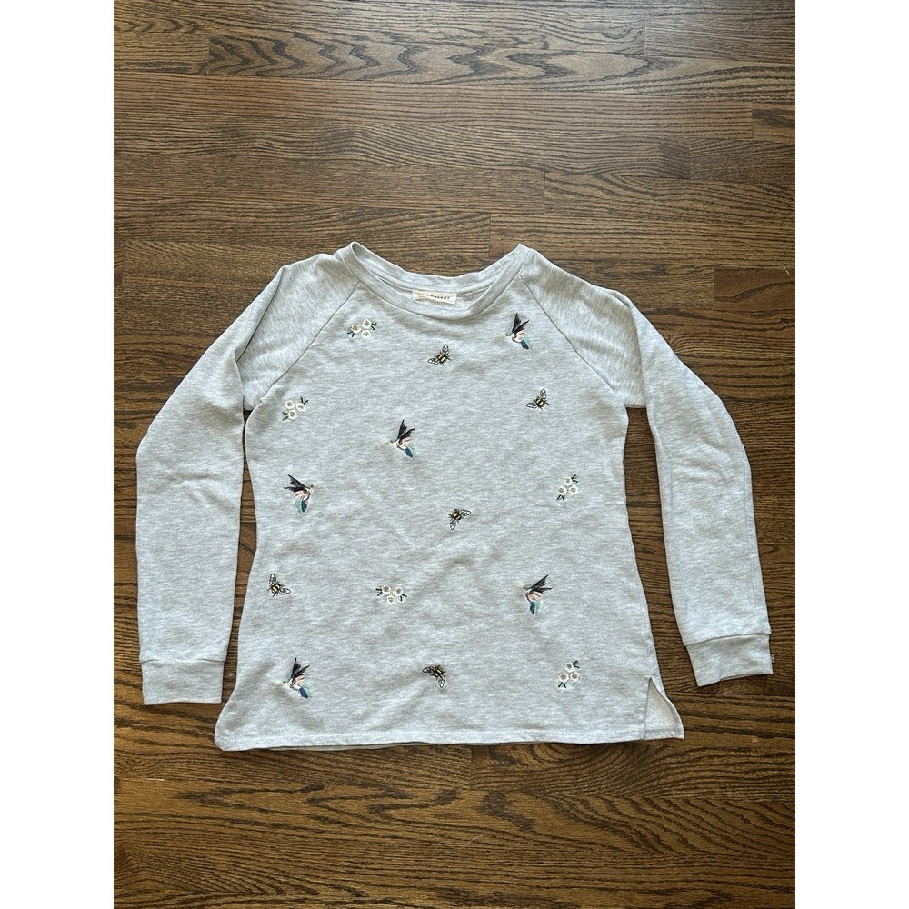 Retrology Womens Small Gray Embroidered Floral Bee Hummingbird Sweatshirt Retro